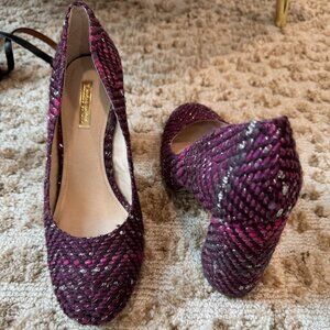 Louise et Cie | Jayant Purple Tweed Metallic Fleck Chunky Flared Block Heels Pum